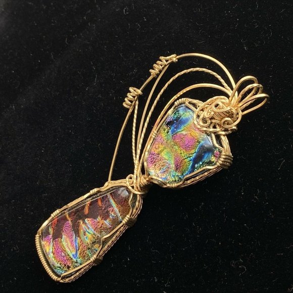 Wrapped Dichroic Glass Cabochons Pendant Purple Blue Green Gold Filled Wire 3” - Picture 7 of 10